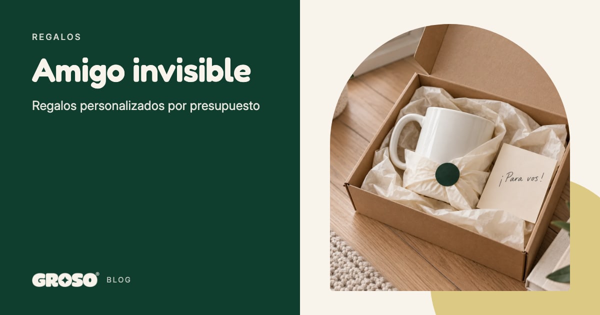 Una taza blanca envuelta en papel de seda dentro de una caja de cartón, junto a una tarjeta que dice ¡Para vos!